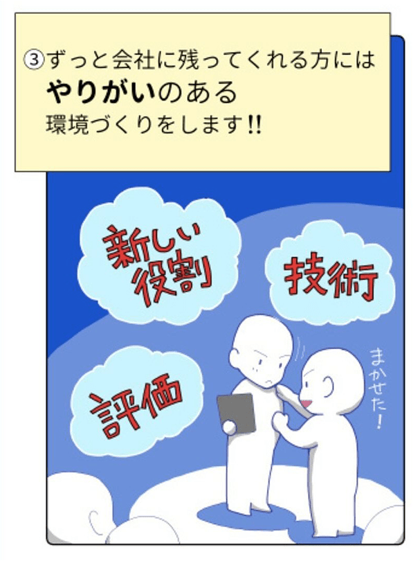 ③ずっと会社に残ってくれる方にはやりがいのある環境づくりをします!!と説明する漫画